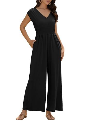 ZAFUL Women's Cap Sleeve Deep V Neck Smocked Waist Long Jumpsuits Rompers Fashion Casual Travel Clothes Summer Spring Fall 2026 Black L