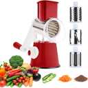 3rd Generation Rotary Cheese Grater, Mandoline Vegetable Slicer with 3 Replacement Blades, Easy to Clean Rotary Shredder for Fruit, Vegetables, Red