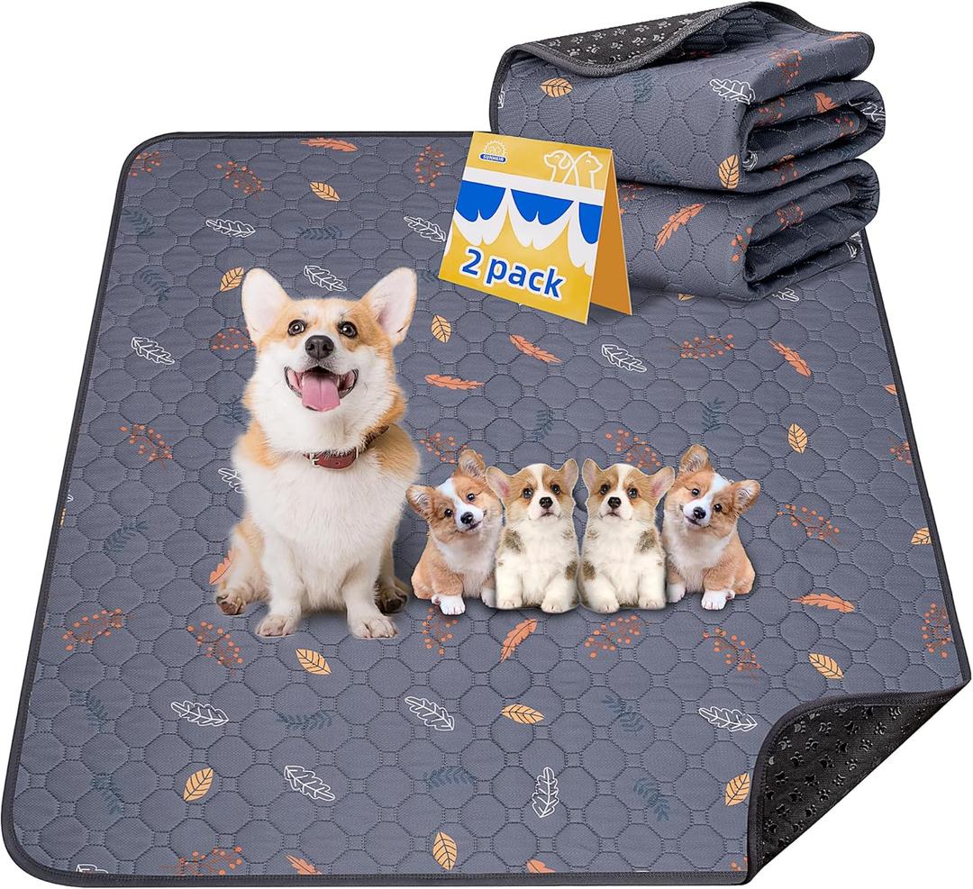 Washable Pee Pads for Dogs - 2 Pack Puppy Pads with Super Absorbent, Non-Slip, Reusable Pee Pads Specifically Designed for Dog Playpen, Crate, Whelping Box, Floor - 36" x 41", Grey (36x41 Inch (Pack of 2), Leaves - Deep Grey)