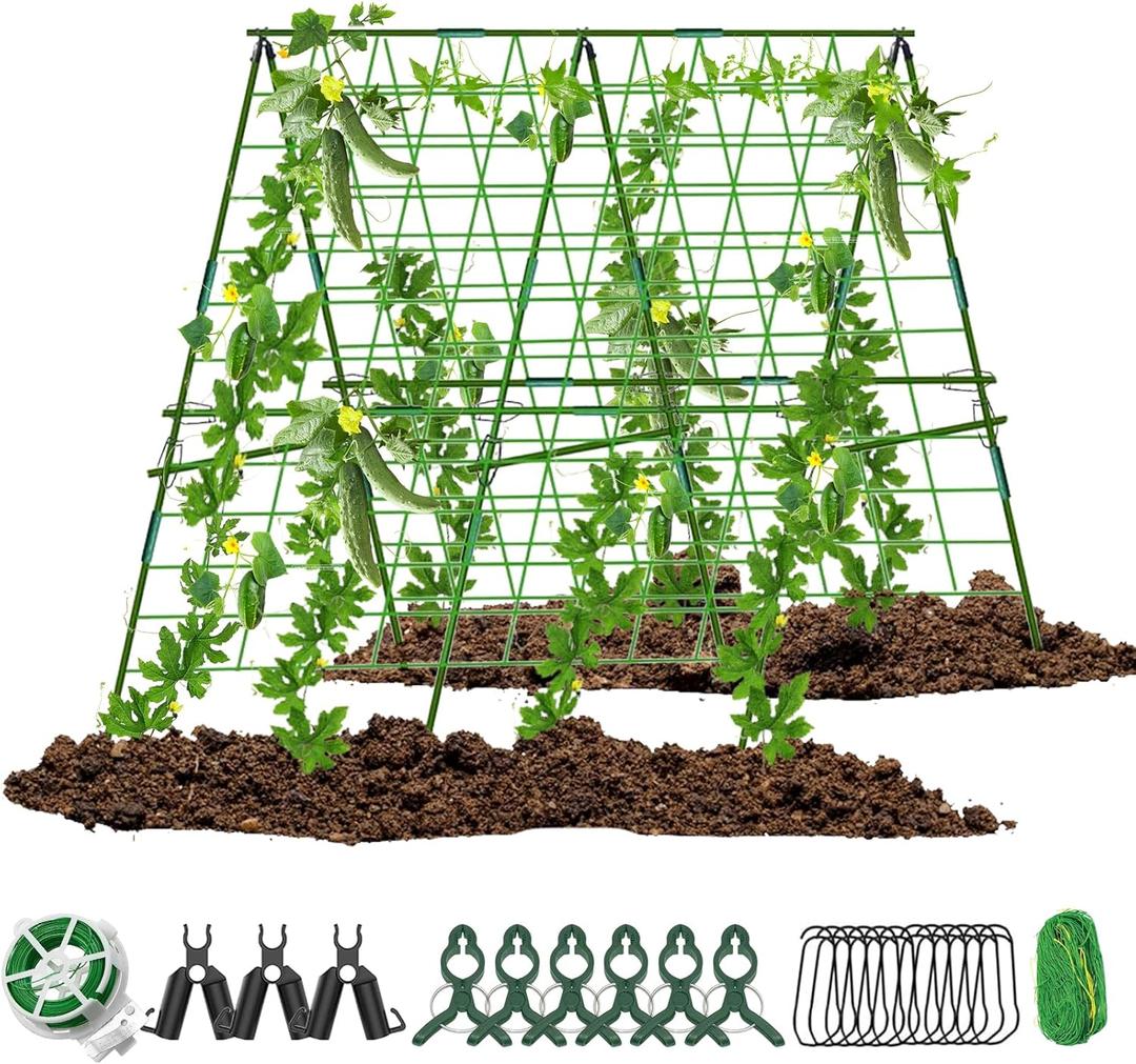 Foldable A-Frame Metal Trellis for Garden - 48"x48" with Climbing Net and Plant Support Clip for Tomato, Grape, Vegetable, Squash, Bean, Flowers