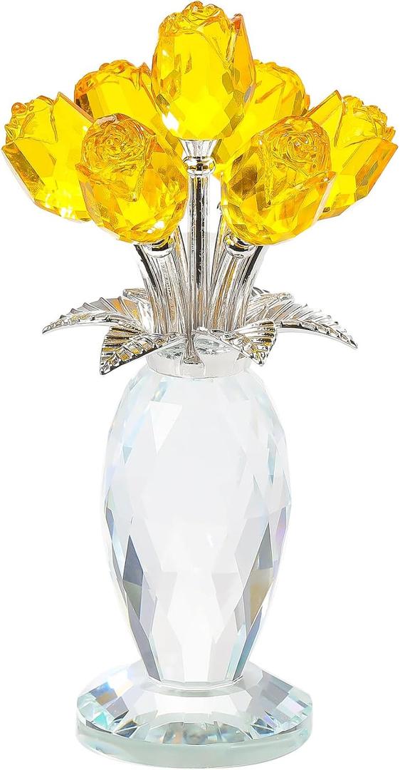 Movdyka Crystal Yellow Rose Flower Figurine with Vase Handmade Romantic Glass Rose for Wife Mom on Birthday Christmas Wedding Home Decorations