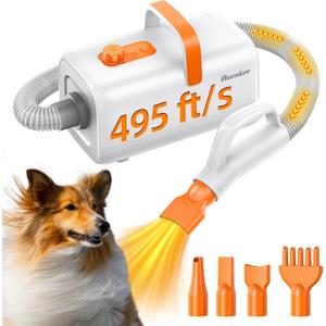 buenkee Dog Blow Dryer for Pet Grooming - Maximum 495ft/s High Velocity Pet Blow Dryer with Cool-Warm-Hot Cycle Mode, Adjustable Temp & Speed, Dog Dryer with 4 Nozzles and Up to 6.56ft Flexible Hose (White)