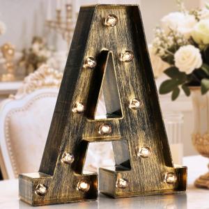 OYCBUZO Golden Black Led Marquee Letter - Industrial, Vintage Style Light Up Alphabet Letter Sign for Cafe Wedding Birthday Party Christmas Lamp Home Bar Initials Decor - A