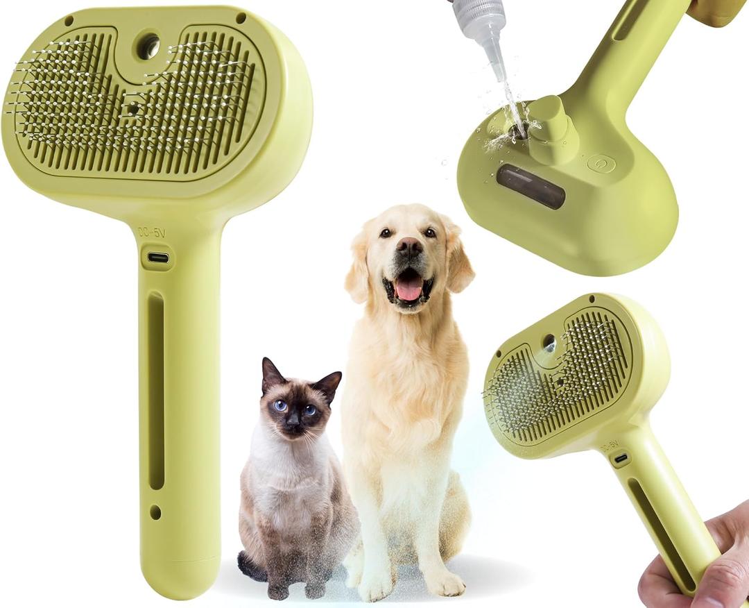 4 x Cat/Dog Grooming Brush with Steamer - Deshedding Brush for Pet Hair, Bath Brush with Water Spray and Hair Comb (Yellow)