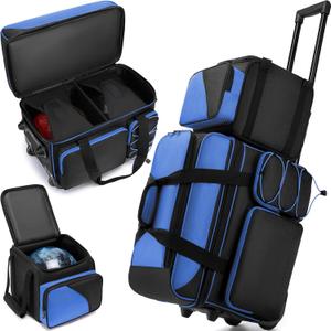 3 Ball Bowling Bag with Wheels, Bowling Bag 3 Ball Roller with Separate Shoe Compartment and Accessory Pocket, 2 Ball Roller Bag Plus Single Ball Tote