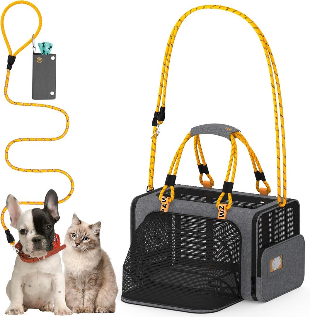 PAWZIDEA Expandable Pet Carrier w/ID Card, 18x11x11 in Small Dog Carrier TSA Airline Approved, Top Load Cat Carrier for 2 Cats Under Seat, Soft-Sided Collapsible Puppy Car Seat Dog Travel Bag, Up 15lb 