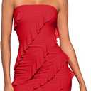 Wenrine Women's Sexy Strapless Mini Dress Summer Bodycon Sleeveless Mesh Ruffle Casual Tube Top Club Party Dresses (Red)