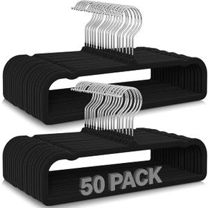50 Pack Black Velvet Hangers Non Slip, Felt Pants Hangers Thin Space Saving Clothes Hanger Flocked Strong Durable Ganchos para Colgar Ropa with 360°Swivel Hook for Pants Jeans Shorts Skirts Tank Top