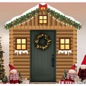 Christmas Wooden House Porch Sign Banners Rustic Wood Cabin with Christmas Wreath Photography Backdrop Xmas Party Photo Props Doors Hanging Banners Backdrop for Home Holiday Party Decoration Supplies