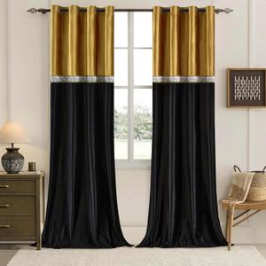Velvet Curtains Drapes for Living Room 90 Inches Vintage Window Treatment Gold Black Curtain Embroidered Floral Drape Blackout Retro Curtains 2 Panels Set