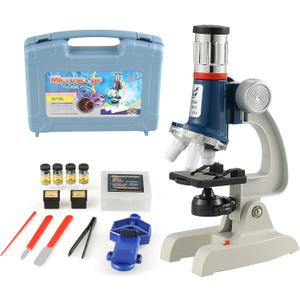 Metal Microscope for Kids - 100X 400X 1200X Beginner Microscopes kit with Led Light, Include 12PCS Sameple Prepared Slides, Science Educational Gift and Toy for Boy&Girl Birthday Halloween Christmas (Blue)