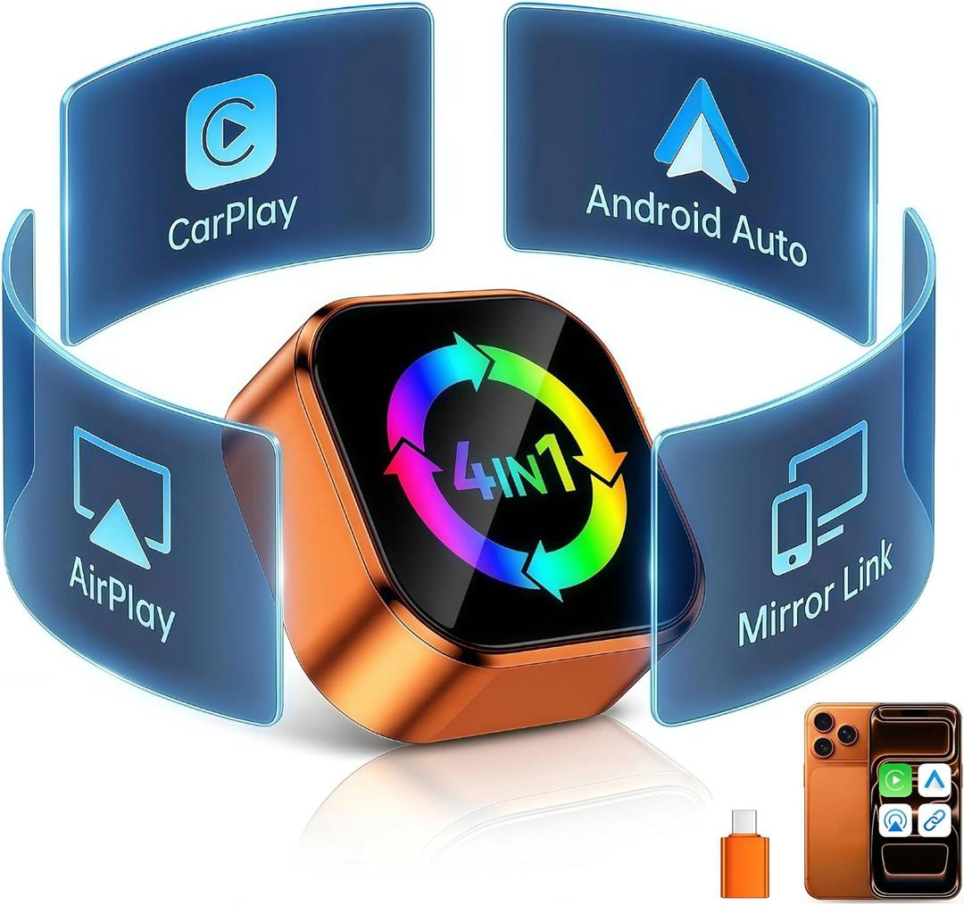 4-in-1 Wireless CarPlay Adapter with AirPlay, CarPlay Android Auto Mirror Link Adapter, Wireless Screen Mirroring for Car, Mini CarPlay Dongle for Netflix/YouTube, Plug and Play for 800+ Cars