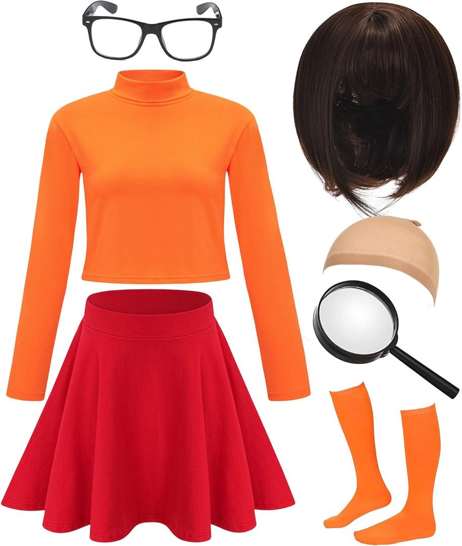 Halloween Costume for Women, Brown Bob Wig, Long Sleeve Turtleneck Crop Top, Skater Skirt (Medium, Orange)