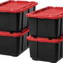 IRIS USA 27 Gallon Heavy Duty Truck Bed Toolbox Storage Tote Bins with Lids, 4 Pack - Made in USA, Tough Snap On Lid Stackable Industrial Rugged Tubs, Garage Organization, Reusable Box - Red
