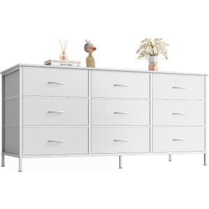 Huuger 9 Drawer Dresser, 47 Inch TV Stand for 50, 55 Inch TV, Entertainment Center with Drawers, Fabric Dresser Chest of Drawer for Bedroom, Closet, PU Leather Surface, White, 11.7"d X 47.2"w X 26.8"h