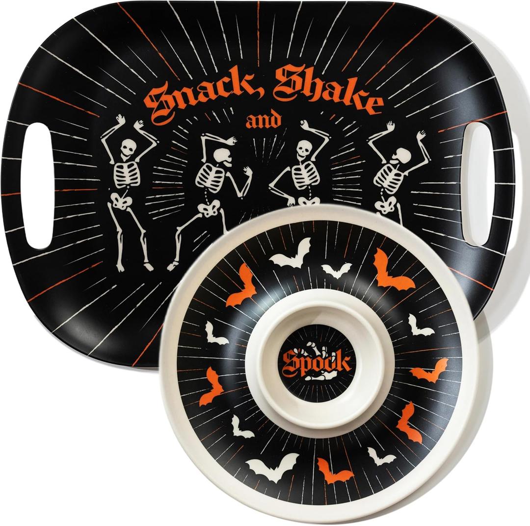 Oasis Choice 2-Pack Halloween Skeleton Serving Trays, 18" Large Handled Tray & 13" Chip & Dip Platter for Christmas, Party, BBQ, picnics and Birthday (Bamboo Fiber, Black, 18inch)