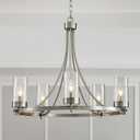 WUZUPS 5-Light Wagon Wheel Chandelier Rustic Farmhouse Industrial Round Pendant Light Fixture with Clear Seeded Glass Shades for Dining Room Kitchen Island, H 20.5" x W 26.2", E12 Base, Nickel