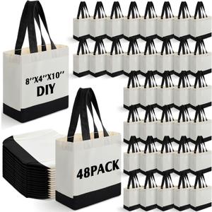Sanwuta 48 Pack Mini Canvas Tote Bag 8'' x 4'' x 10'' Small Sublimation Blank Canvas Bags Reusable Tote for Christmas Crafts DIY Party Gifts (Black)