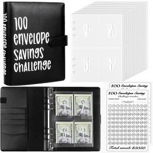 100 Envelopes Money Saving Challenge Binder, Easy and Fun Way to Save $5,050, A5 Budget Book with Cash Envelopes Kit,Black,White