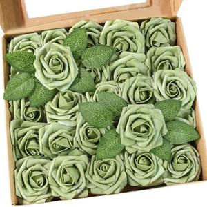Meldel Artificial Flowers 25 Pack Elf Green Faux Foam Roses with Stems, Real Looking Fake Rose for DIY Wedding Bouquets, Bridal Shower Centerpieces, Party Table Decorations, Home Decor