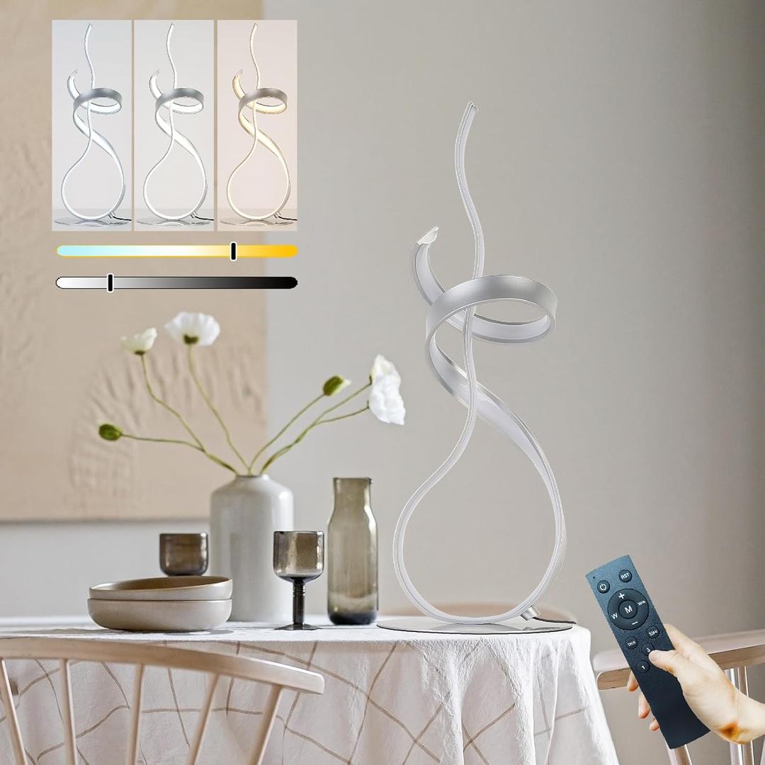 24W Modern 3Color Table Lamp with LED Spiral Design, 22“ Tall Silver Bedside Light & Nightstand Lamp, Touch Dimmable with 3 Colors & Remote Control for Bedroom, Living Room, Home Office (Silver)