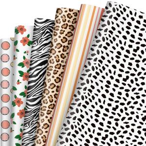 Whaline 12 Sheet Safari Wrapping Paper Wildflower Leopard Zebra Print Gift Wrap Paper Bulk Decorative Art Paper for DIY Crafts, 19.7 x 27.6 Inch, Folded Flat