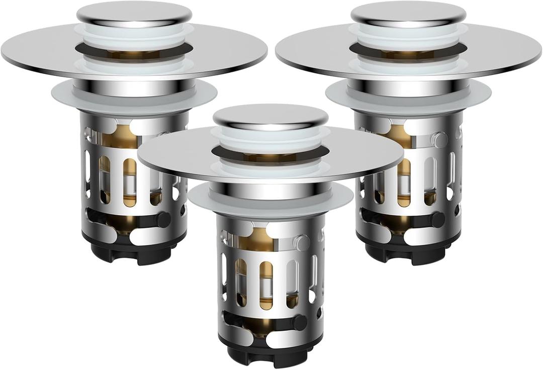 Hibbent 3 Pack Upgraded 3 in 1 Bathroom Sink Drain Strainer, Universal Pop Up Stopper with Removable Stainless Steel Filter Basket Hair Catcher, Sink Plug for 1.1''~2.36'' Basin, Brass Core, Chrome