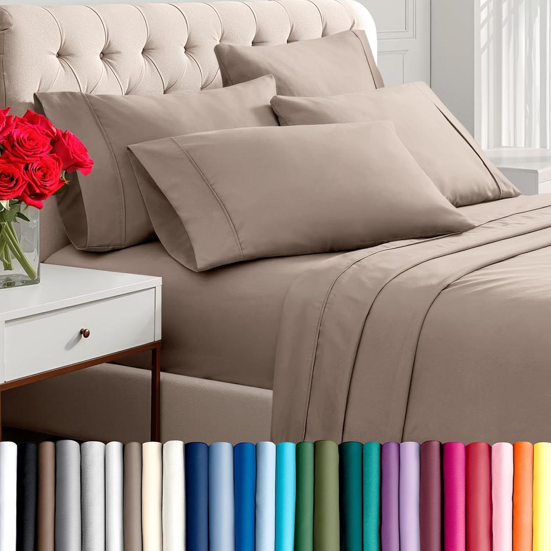Bare Home Hotel Luxury Full XL Sheet Set, Extra Soft - 6 Piece Set - Deep Pockets - Easy Fit - Cooling & Breathable - Wrinkle, Fade, Stain Resistant - Includes 4 Pillowcases (Full XL, Taupe)
