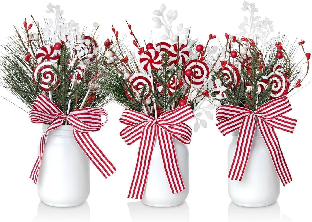 3 Christmas Mason Jars Decorations, Red Berry Candy Mason Jar Christmas Centerpieces for Tables, Holiday Mason Jar Decor for Dining Coffee Table Xmas Winter Holiday New Year Home Ornament