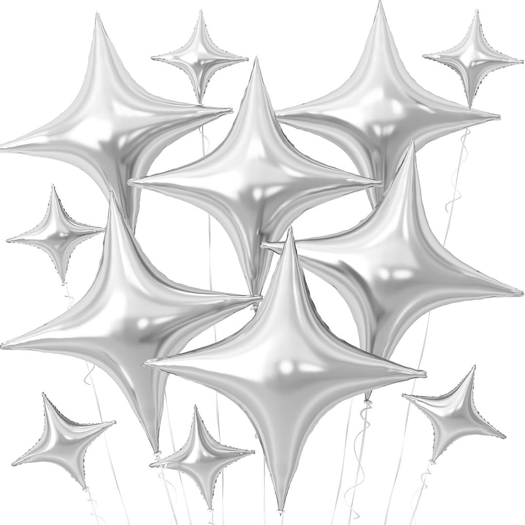 Silver Star Balloons,12Pcs Four Angle Star Foil Balloons,26Inch and 10Inch Silver Quadrangle Helium Polyester Film Balloon for Birthday Anniversary Baby Shower Wedding Party Decorations