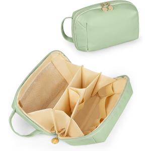 Travel Makeup Bag Gift for Women, Soft PU Leather Cosmetic Bags, Waterproof Toiletry Bag, Portable Wide Open Pouch, Travel Cosmetic Bag with Divider and Handle, Medium, Green