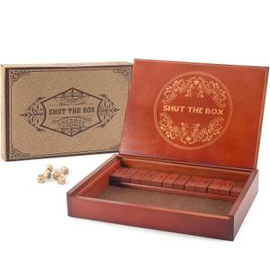 AMEROUS Shut The Box Dice GameWooden Board Table Math Game with Lid - 6 Dice - Gift Package - Rules, Classic Board Game for Kids Adults, Family
