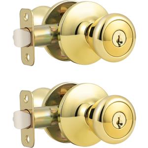 GOBEKOR, 2 Pack Gold Door Knobs with Lock and Key Tulip Door Knobs Exterior with Lock Brass Keyed Alike Entry Door Handles