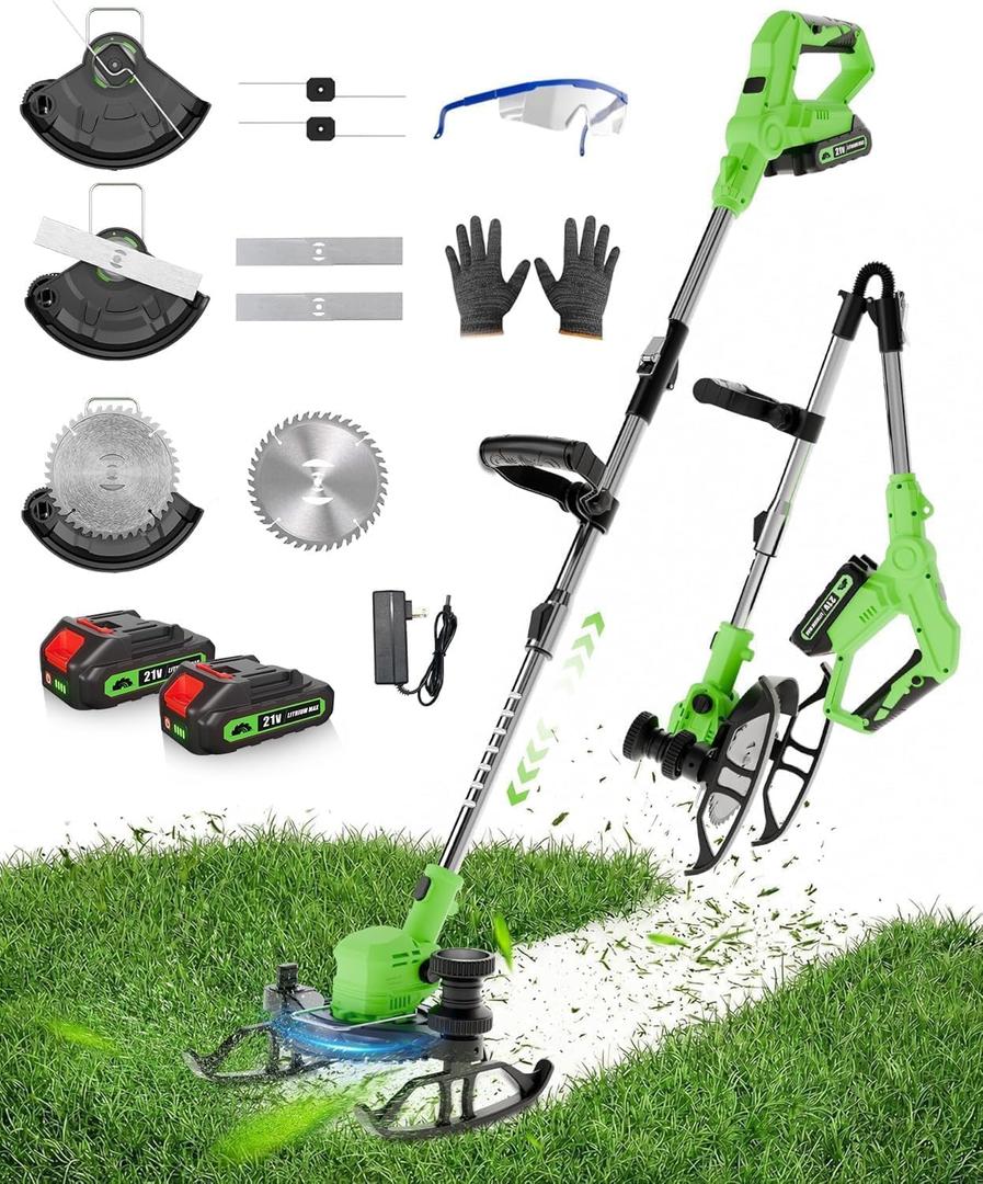21V Weed Wacker Cordless,Weed Eater String Trimmer with 2x5.0ah Battery and Charger,3-in-1 Brush Cutter Weed Cutter Lawn Edger with 3 Types Blade & Wheels Lightweight for Garden & Yard Lawn