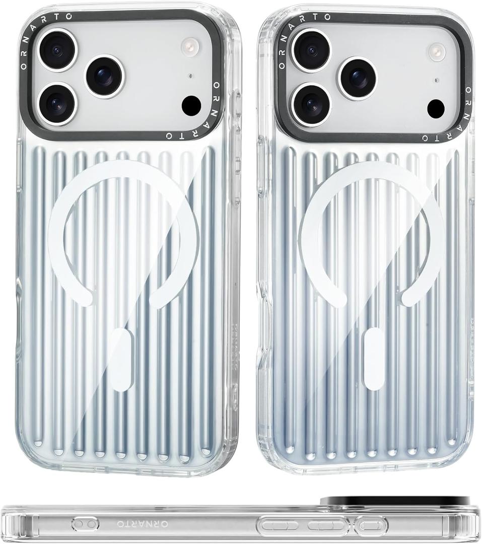 ORNARTO for iPhone 17 Pro Max Case 6.9", Flat Surface Gradient Stripe Back Design, Compatible with MagSafe, Shockproof Slim Protective Phone Cover - Glossy Silver