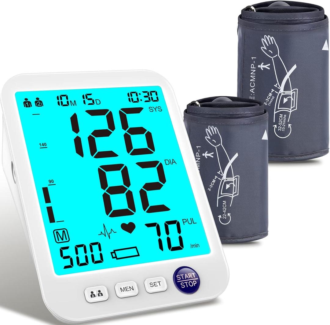 Blood Pressure Monitor-Automatic Blood Pressure Machine XL Cuff for Big Arms 13-21-Medium/Large Cuff 9"-17" Extra Large Backlit LCD Two User 1000 Mem (Blue