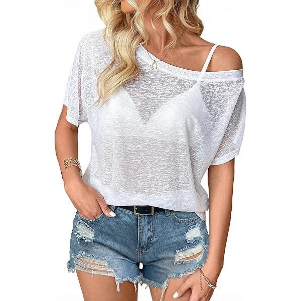 Hilinker Womens Sheer Mesh Long Sleeve Top Sexy Loose Off Shoulder See Through T Shirt White X-Large