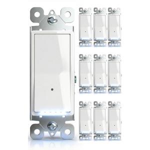 10Pack SOZULAMP-Illuminated-Light-Switch with Night Light, No Neutral Wire, Single Pole Decorator Rocker Switch, Dusk to Dawn LED Guide Light for Hallway Bathroom Stairs, 15A 120/277V, White