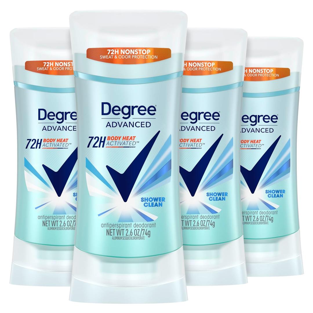 Degree Advanced Antiperspirant Deodorant 4 count 72-Hour Sweat & Odor Protection Shower Clean Antiperspirant for Women with MotionSense Technology 2.6 oz