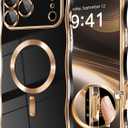 GVIEWIN for iPhone 17 Pro Case Compatible with MagSafe, Upgraded [Full Camera Protection][Cute Wave Frame][Military Grade Protection] Electroplated Hard Phone Cover for Women Girl, Black