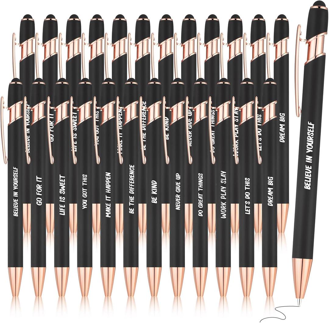 Yeaqee 24 Pcs Inspirational Ballpoint Pens Motivational Black Ink Retractable Quotes Pen with Stylus Tip Encouraging Message for Women Men Writing Office School Valentine's Day Gift(Black)