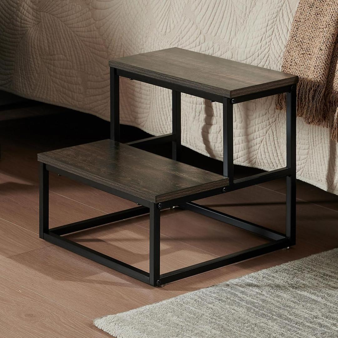 Kings Brand Furniture Axel 2-Step Step Stool Lightweight, Durable & Modern Design Wooden Steps & Metal Frame, Compact Ladder for Adults Perfect fo Kitchen, Closet, Garage, Office Use 