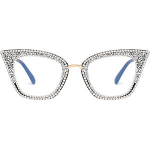 bullabulling Cat Eye Reading Glasses Bling Rhinestones color Crystal Diamond Frame Eyewear Anti Blue Light Reader (White)