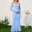 EYNMIN Women's Fall Wedding Guest Dresses Long Sleeve Spaghetti Strap Mesh Ruched Bodycon Maxi Formal Dress (Blue, L)