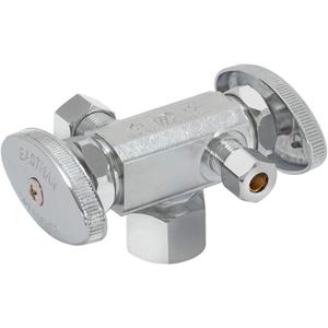 Eastman 3/8 inch OD Compression x 1/4 inch OD Compression x 1/2 inch FIP Multi-Turn Dual Handle Three Way Stop Valve, Brass Plumbing Fitting, Chrome, 04423LF