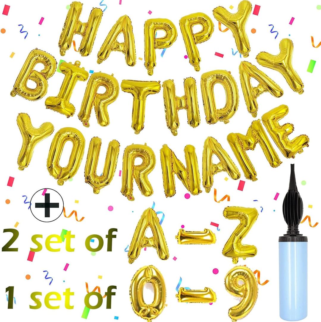 76pcs Happy Birthday Balloon Banner, Gold Balloons Letters, Personalized 16" Mylar Foil Birthday Decorations includes 2 Sets A- Z, 1 set Number 0-9 and "HAPPY BIRTHDAY" letters (with Balloon Pump)