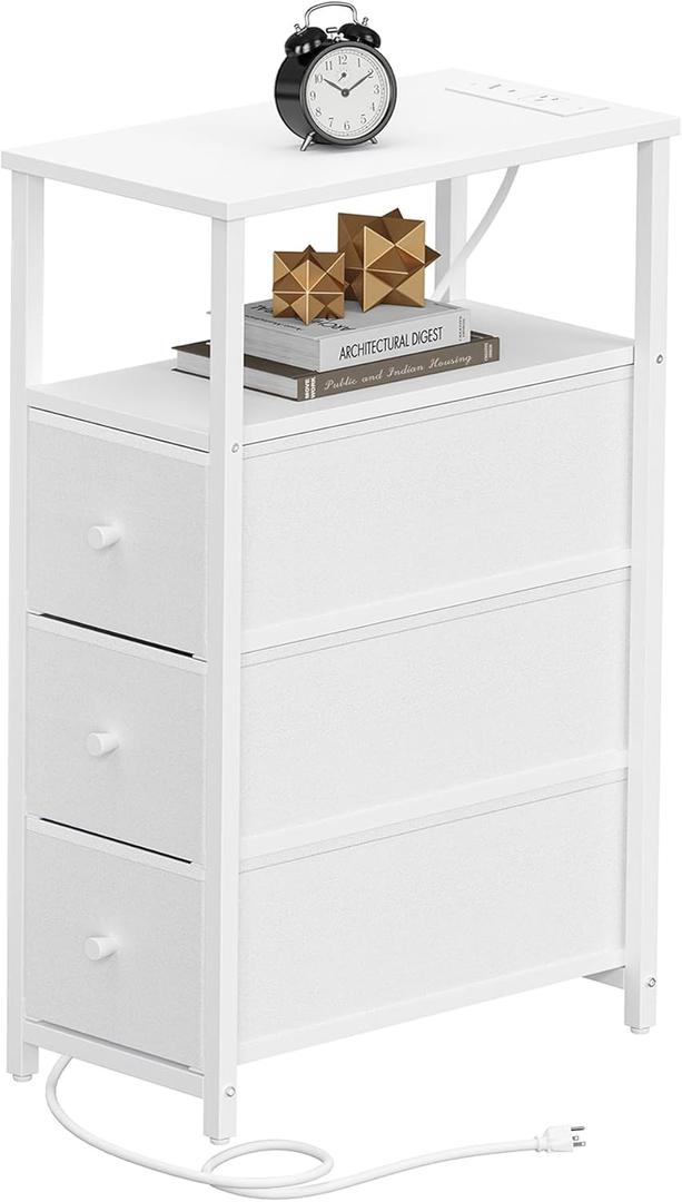 TUTOTAK Narrow Night Stand with Charging Station, Slim End Table with Plugins, Tall Side Table with 3 Fabric Drawer, Small Bedside Table with Storage, Living Room, Bedroom, White TB01BW086 ((7.8"D x 15.8"W x 25.5"H))