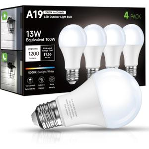 Dusk to Dawn Sensor LED Outdoor Light Bulb, Daylight White 5000K, A19 13W(100 Watt Equivalent) Bright Porch Lighting, 1200LM, Auto-On/Off Photocell Sensor for Garage Yard Patio Garden-4 Pack