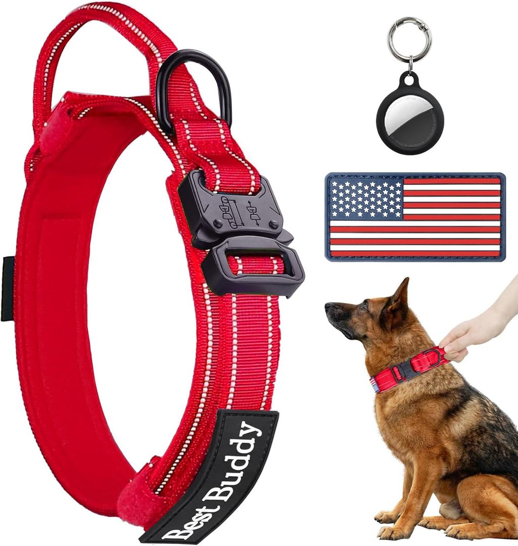 AUBELL Reflective Tactical Dog Collar,Adjustable Military Heavy Duty K9 Collars with Handle and Quick Release Metal Buckle Great for Large Dogs, with Airtag Case and 2 Patches (Red,L)