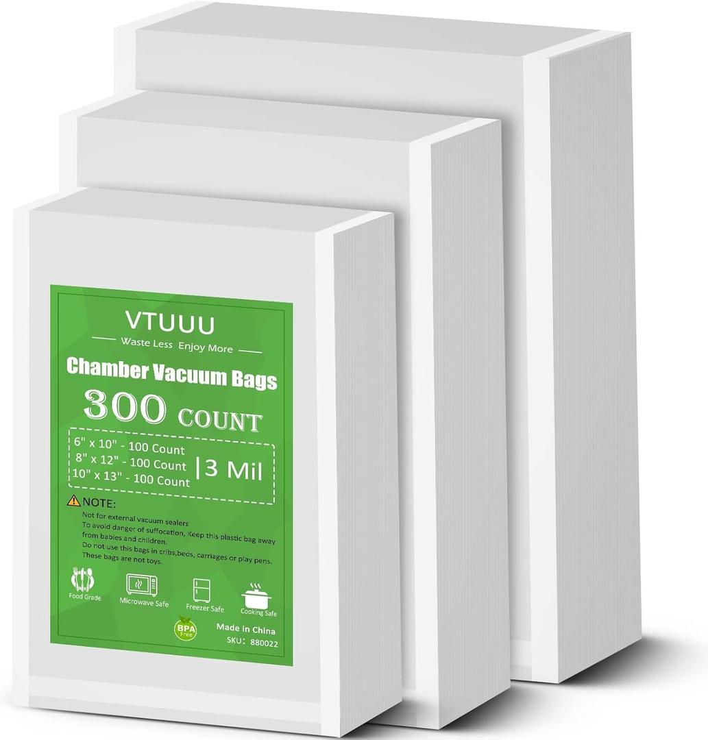 Chamber Vacuum Sealer Bags 300 Count 6" x 10" 8" x 12" 10" x 13" For 3-Mil Vacuum Chamber Bags Pre-Cut Chamber Vacuum Bags- BPA-Free -Heavy Duty Chamber Machine Pouches